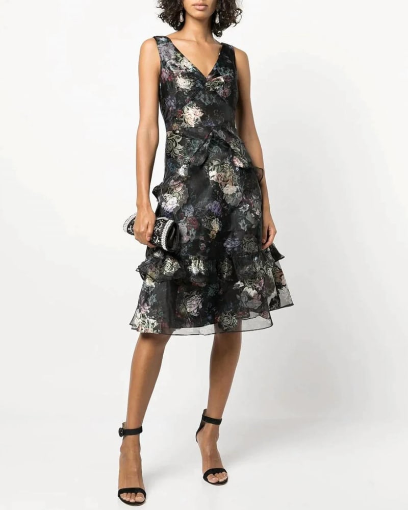 Front of a model wearing a size 10 Floral Ruffled Midi Dress In Black in Black by Marchesa. | dia_product_style_image_id:345568